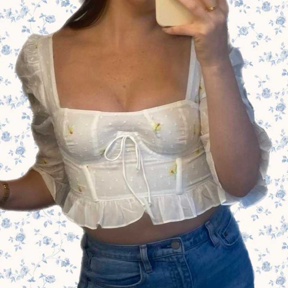 For Love & Lemons Abby Blouse • white floral print embroidery. Busier corset top